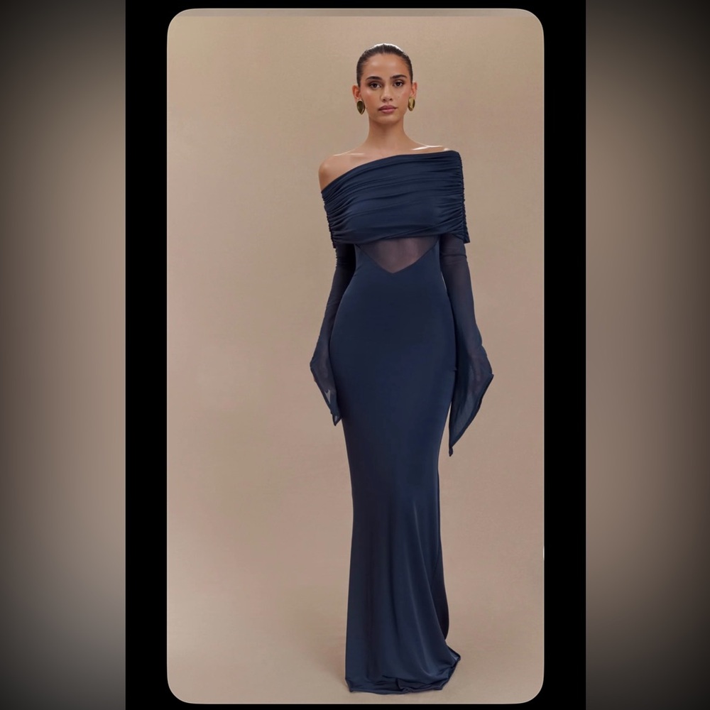 Kaitlin - One Shoulder Slinky And Mesh Maxi Dress - Midnight Blue